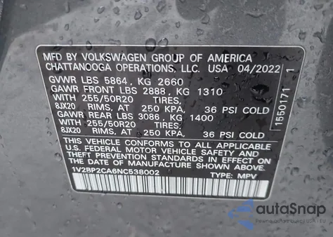 2022 Volkswagen Atlas 2.0T Sel from USA, damaged, VIN 1V2BP2CA6NC538002